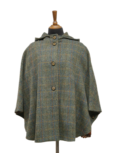 Harris Tweed Ladies Hooded Cape Green Herringbone With Overcheck