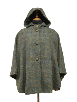 Harris Tweed Ladies Hooded Cape Green Herringbone With Overcheck