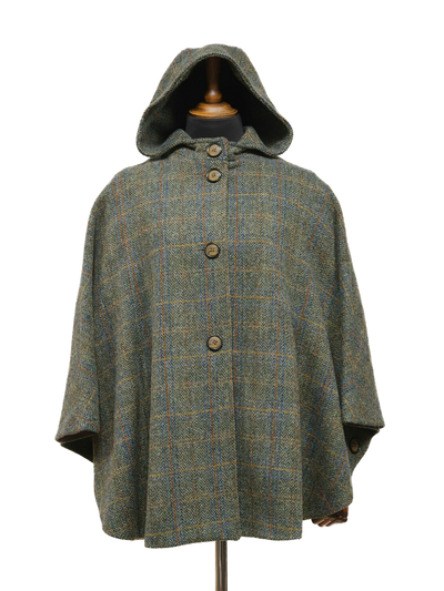 Harris Tweed Ladies Hooded Cape Green Herringbone With Overcheck