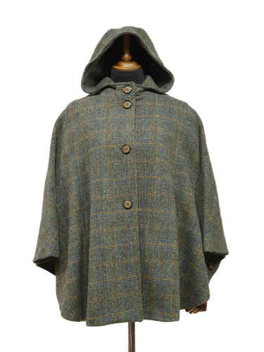 Harris Tweed Ladies Hooded Cape - Green Herringbone With Overcheck