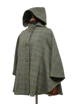 Harris Tweed Ladies Hooded Cape Green Herringbone With Overcheck