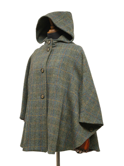 Harris Tweed Ladies Hooded Cape Green Herringbone With Overcheck