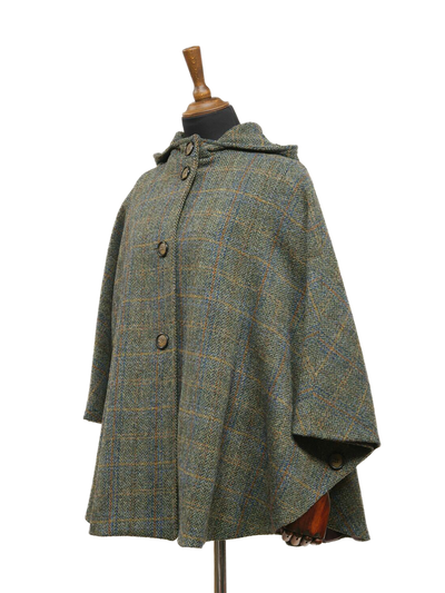 Harris Tweed Ladies Hooded Cape Green Herringbone With Overcheck