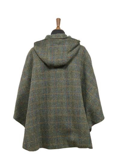 Harris Tweed Ladies Hooded Cape Green Herringbone With Overcheck