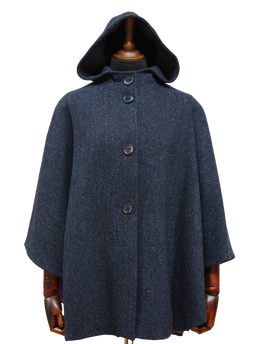 Harris Tweed Ladies Hooded Cape Navy Herringbone