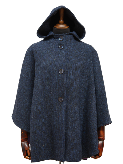Harris Tweed Ladies Hooded Cape Navy Herringbone