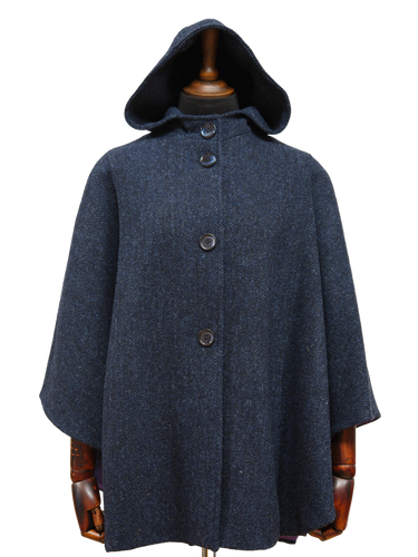 Harris Tweed Ladies Hooded Cape - Navy Herringbone