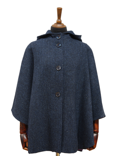 Harris Tweed Ladies Hooded Cape Navy Herringbone