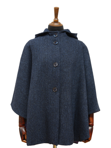 Harris Tweed Ladies Hooded Cape - Navy Herringbone