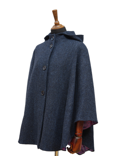 Harris Tweed Ladies Hooded Cape Navy Herringbone