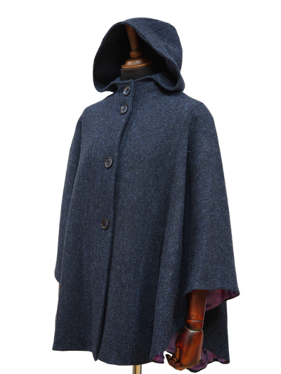 Harris Tweed Ladies Hooded Cape Navy Herringbone