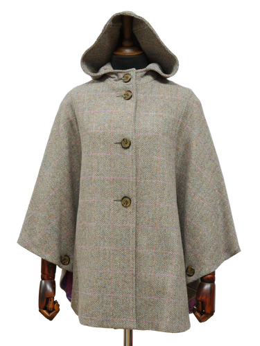 Harris Tweed Ladies Hooded Cape - Pink Check