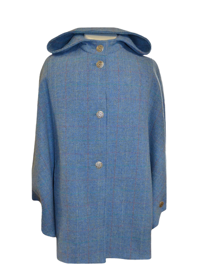 Harris Tweed Ladies Hooded Cape Sky Windowpane (Celtic Buttons)