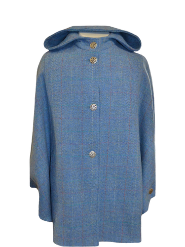 Harris Tweed Ladies Hooded Cape - Sky Windowpane (Celtic Buttons)