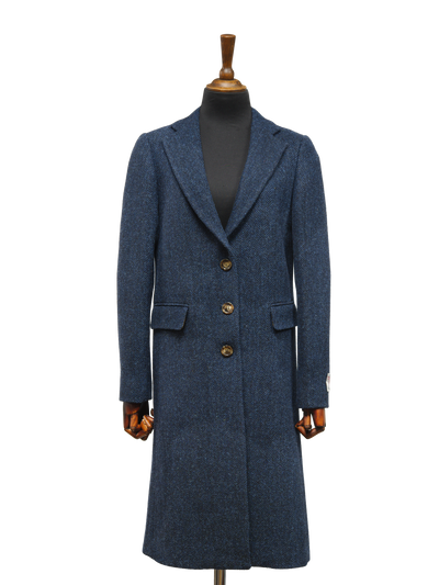 Harris Tweed Ladies Mabel Long Coat Navy Herringbone