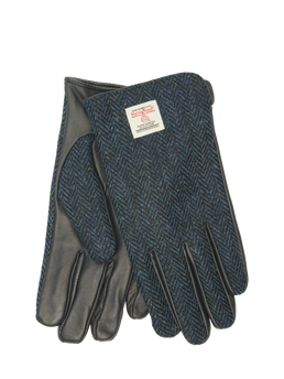 Harris Tweed Men's Gloves Navy Herringbone Black Leather (ISL)