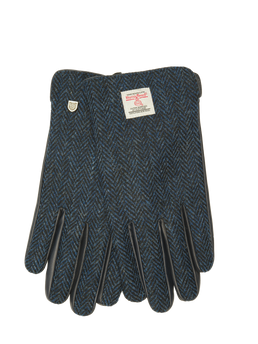 Harris Tweed Men's Gloves Navy Herringbone Black Leather (ISL)