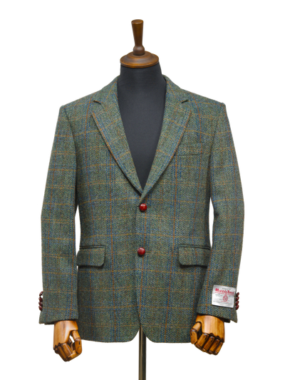 Harris Tweed Mens Jacket Green Herringbone With Overcheck