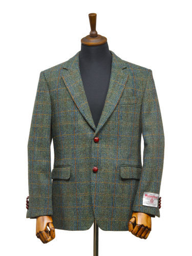 Harris Tweed Mens Jacket - Green Herringbone With Overcheck