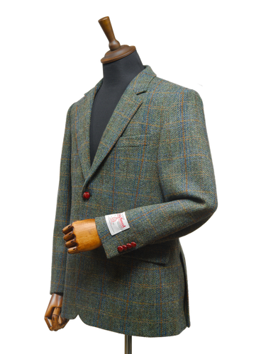 Harris Tweed Mens Jacket - Green Herringbone With Overcheck