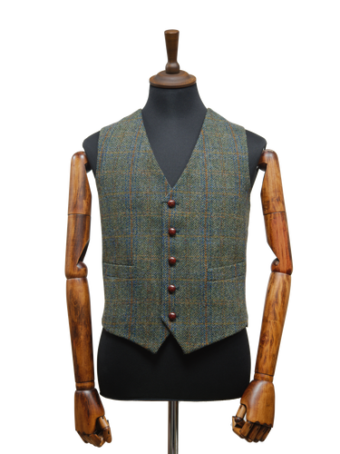 Harris Tweed Mens Waistcoat - Green Herringbone With Overcheck