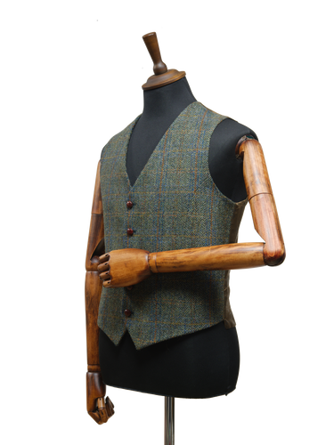 Harris Tweed Mens Waistcoat - Green Herringbone With Overcheck