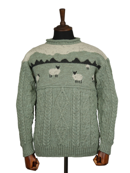Unisex Aran Crew Neck Jumper Sheep Scene Sage