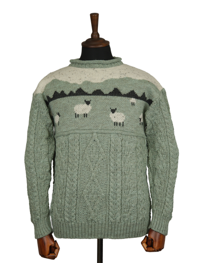 Unisex Aran Crew Neck Jumper Sheep Scene Sage
