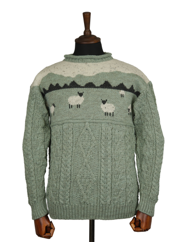 Unisex Aran Crew Neck Jumper - Sheep Scene Sage