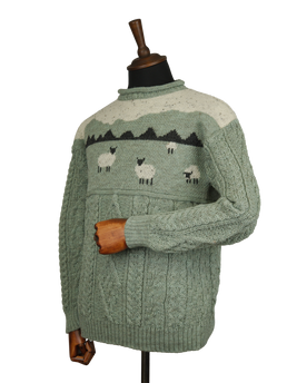 Unisex Aran Crew Neck Jumper Sheep Scene Sage