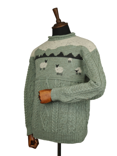 Unisex Aran Crew Neck Jumper - Sheep Scene Sage