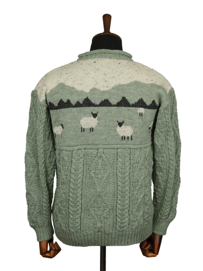 Unisex Aran Crew Neck Jumper Sheep Scene Sage