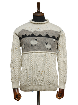 Unisex Aran Crew Neck Jumper Sheep Scene