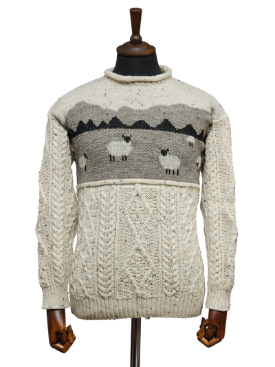 Unisex Aran Crew Neck Jumper Sheep Scene Speckle