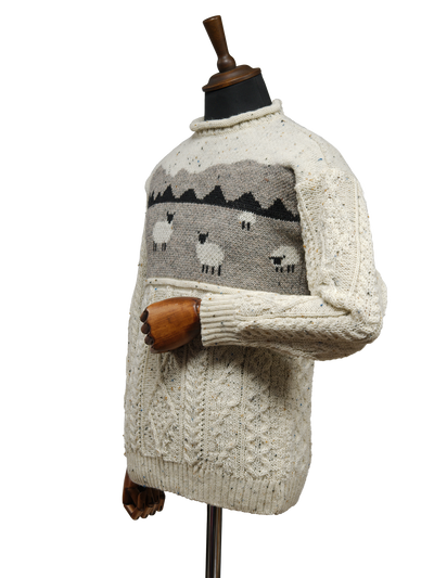 Unisex Aran Crew Neck Jumper Sheep Scene Speckle