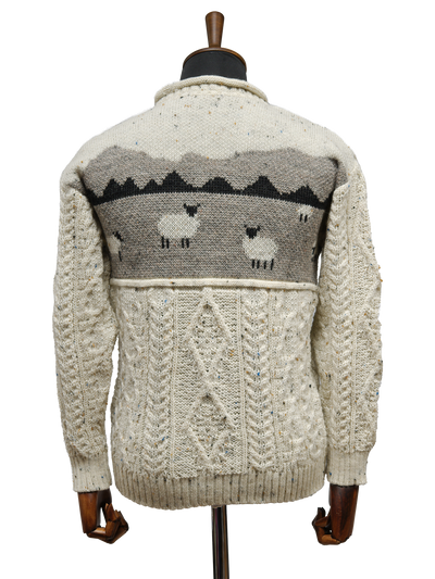 Unisex Aran Crew Neck Jumper Sheep Scene Speckle