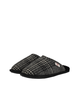 Harris Tweed William Slippers - Grey/Black Tartan Check