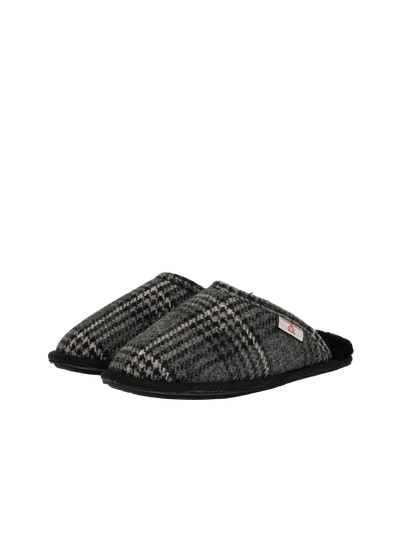 Harris Tweed William Slippers - Grey/Black Tartan Check