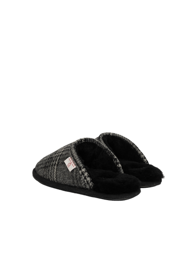 Harris Tweed William Slippers - Grey/Black Tartan Check