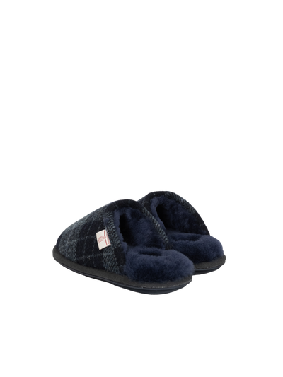 Harris Tweed William Slippers - Navy/Denim Tartan Check